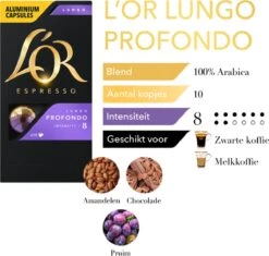 L'OR Lungo Profondo Koffiecups - Intensiteit 8/12 - 10 X 10 Capsules -Koffie Apparatuur 1200x1140