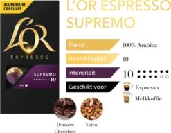L'OR Espresso Supremo Koffiecups - Intensiteit 10/12 - 10 X 10 Capsules 19 L'OR Espresso Supremo Koffiecups - Intensiteit 10/12 - 10 X 10 Capsules -Koffie Apparatuur 1200x933