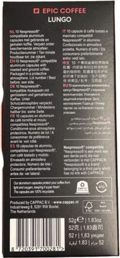 100 Capsules Epic Coffee - Lungo - Nespresso® Compatible Aluminium Capsules - RFA Keurmerk - Doos 100 Stuks 17 100 Capsules Epic Coffee - Lungo - Nespresso® Compatible Aluminium Capsules - RFA Keurmerk - Doos 100 Stuks -Koffie Apparatuur 560x1200